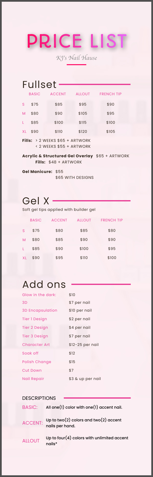 Price list of all services.